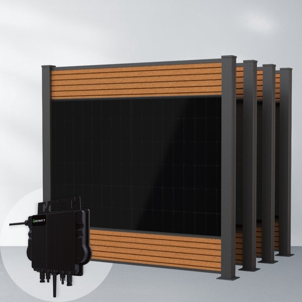 Produktbild FlexPVence Solarzaun 2m hoch mit vier PV Modulen und Wechselrichter