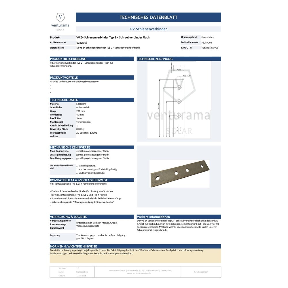 Produktbild V8 Z+ Schienenverbinder Typ 2 - Schraubverbinder Flach Datenblatt