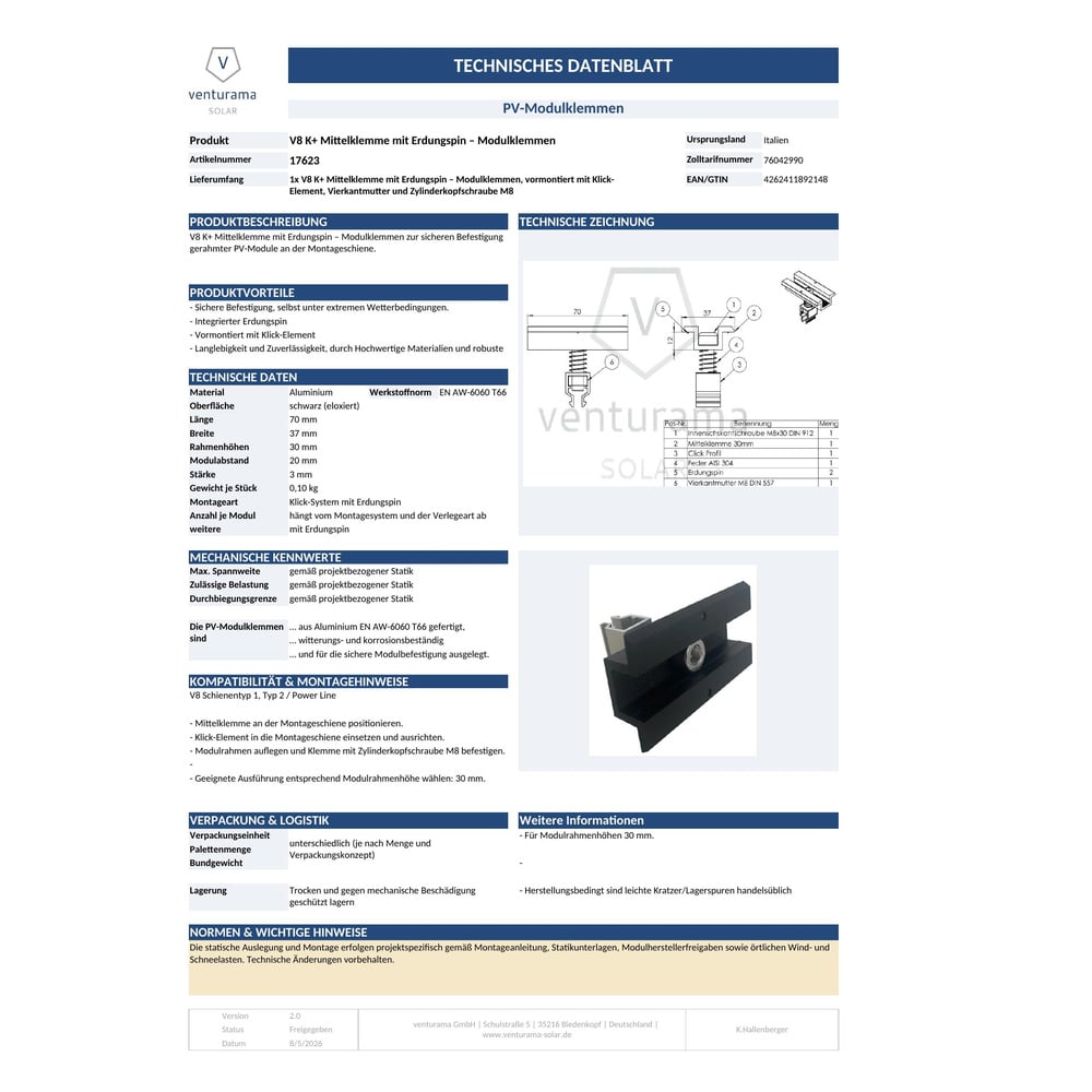 Produktbild: PV Mittelklemme mit Erdungspin Datenblatt