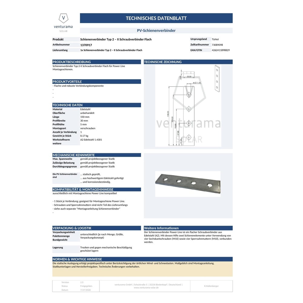 Produktbild Schienenverbinder Typ 2 - II Schraubverbinder Flach Datenblatt
