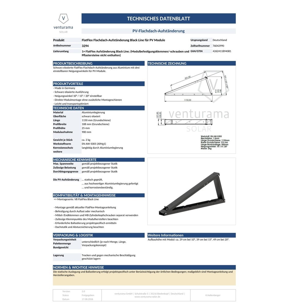 Bild FlatFlex Flachdach-Aufständerung Black Line für PV Module Neigungswinkel (10°/15°/20°) - aufgebaut Datenblatt
