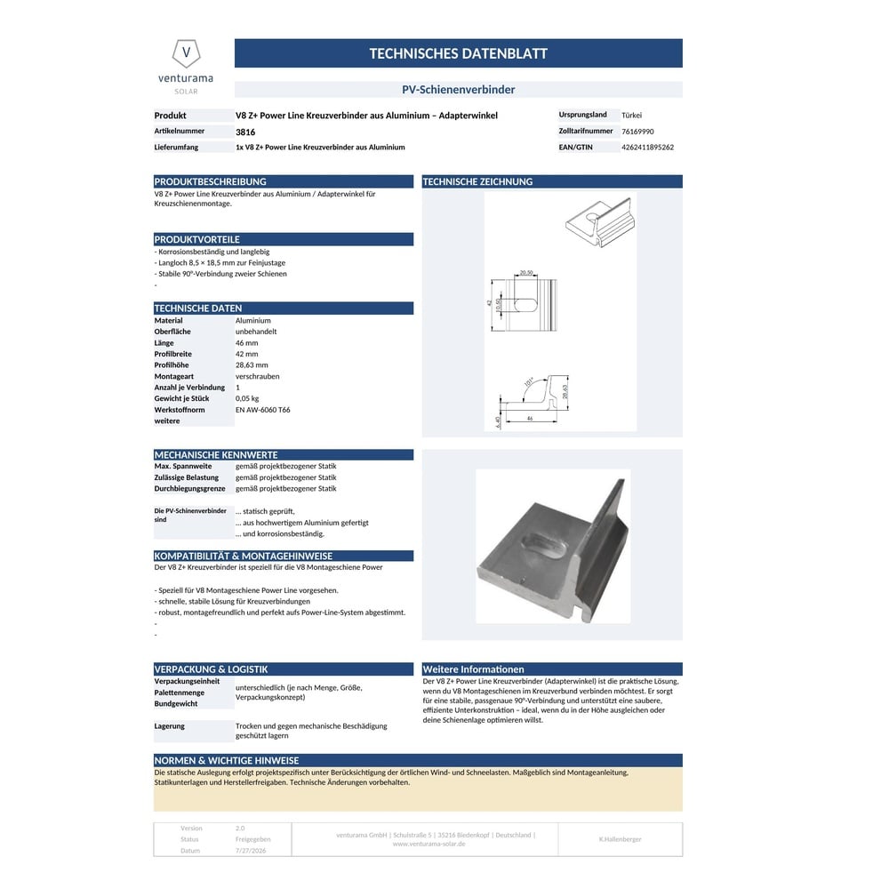 Produktbild - V8 Z+ Power Line Adapterwinkel bzw. Kreuzverbinder aus Aluminium zur Kreuzschienen-Montage für die Montageschiene Power Line geeignet Datenblatt