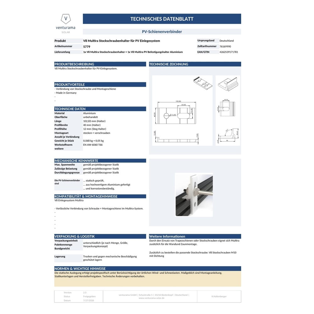 Produktbild V8 Multira Stockschraubenhalter für PV Einlegesystem Unterseite Datenblatt