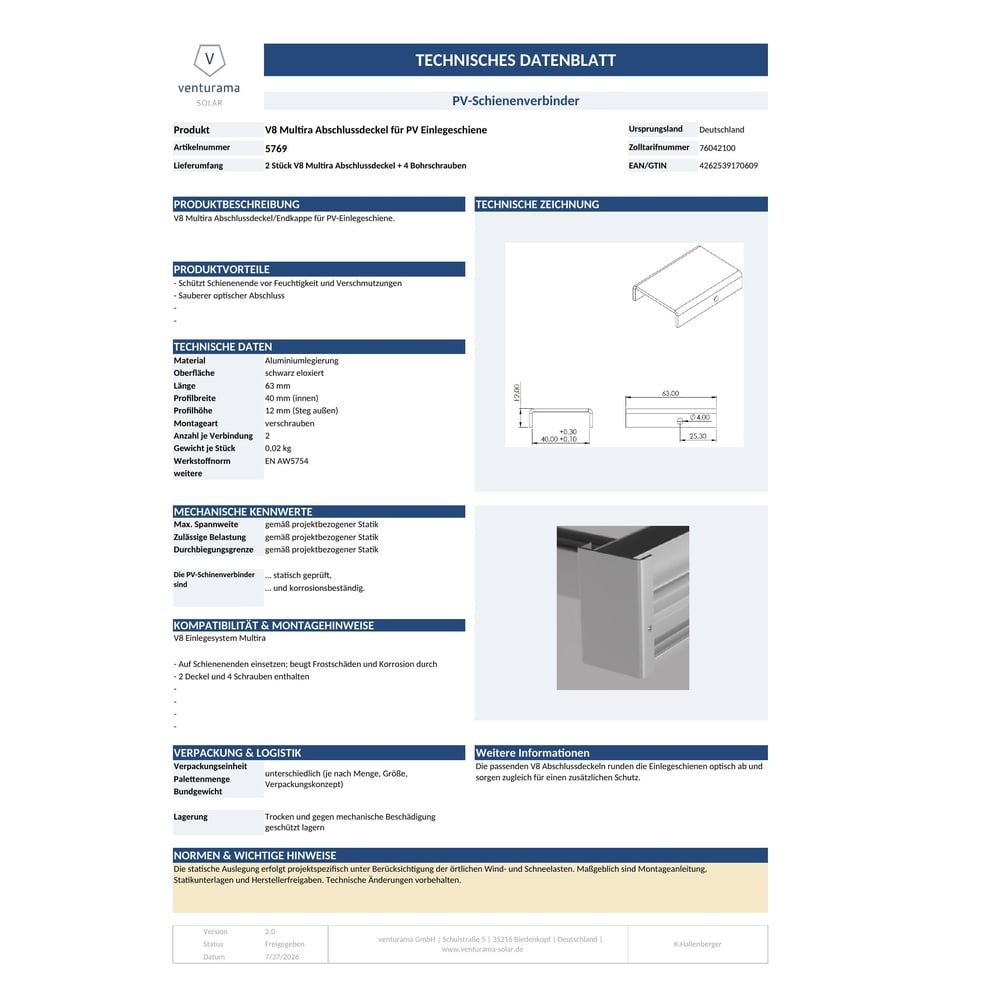 Produktbild V8 Multira Abschlussdeckel für V8 Einlegeschiene Datenblatt