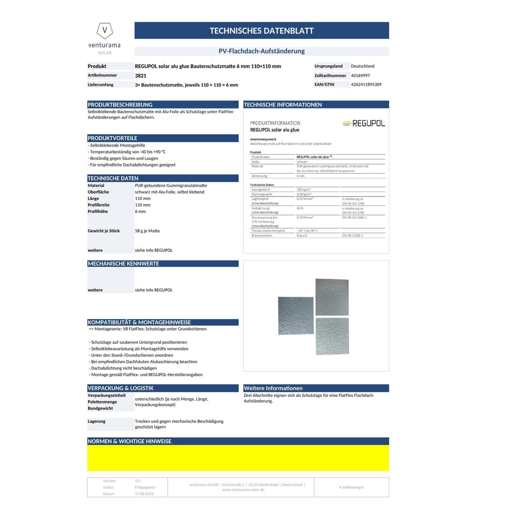 Bild REGUPOL solar alu glue Bautenschutzmatte 6mm 110x110 mm Datenblatt