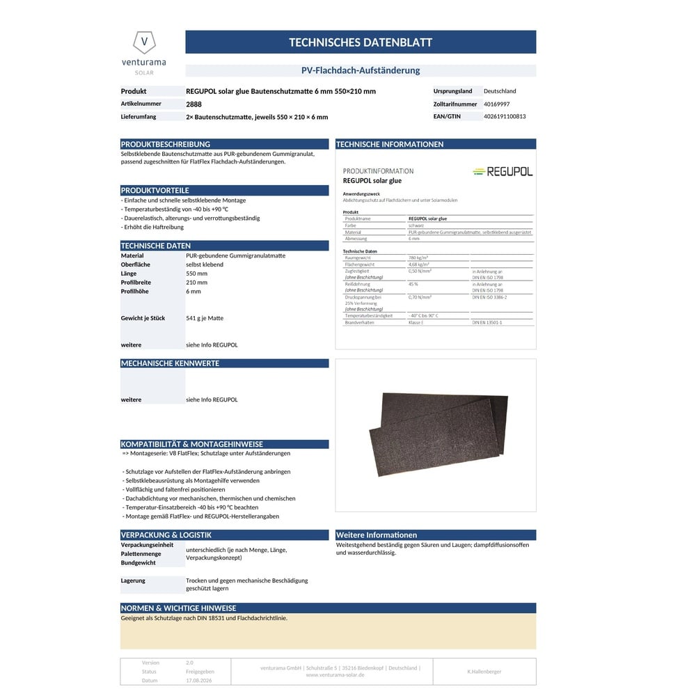 Bild REGUPOL solar glue Bautenschutzmatte 6mm 550x210 mm Datenblatt