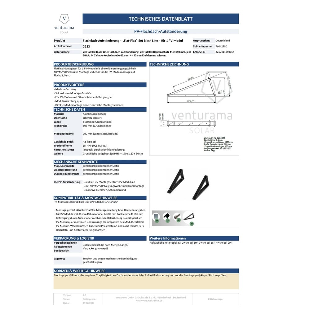 Bild Flachdach-Aufständerung – “Flat-Flex”-Set – für 1 x PV-Modul Black Line Datenblatt
