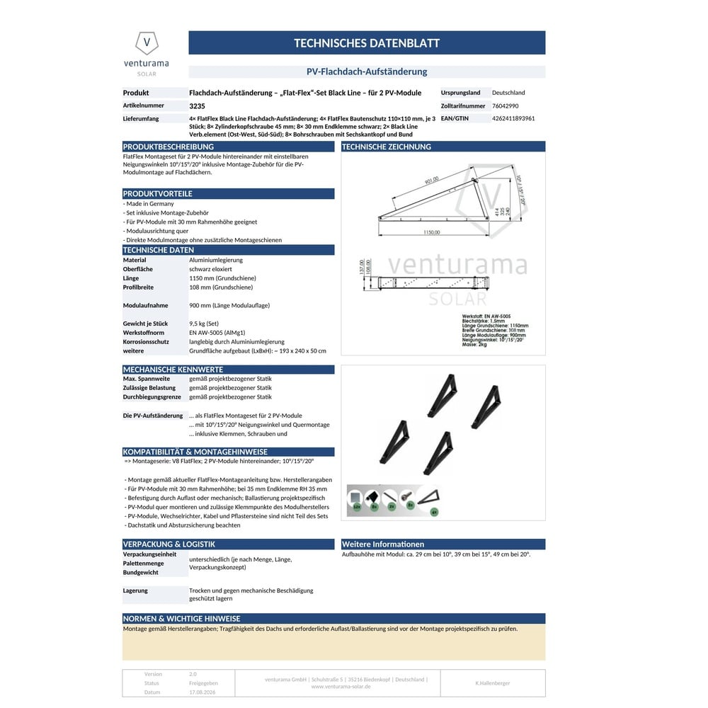 Bild Flachdach-Aufständerung – “Flat-Flex”-Set Black Line – für 2 x PV-Module (hintereinander) Datenblatt