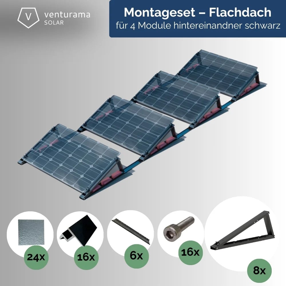 Produktbild FlatFlex Flachdach-Aufständerung Set Black Line 4 PV-Module (10,15,20°) hintereinander