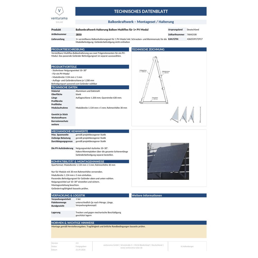 Bild Balkonkraftwerk Halterung Set für Balkon 1 PV Modul Multiflex Datenblatt