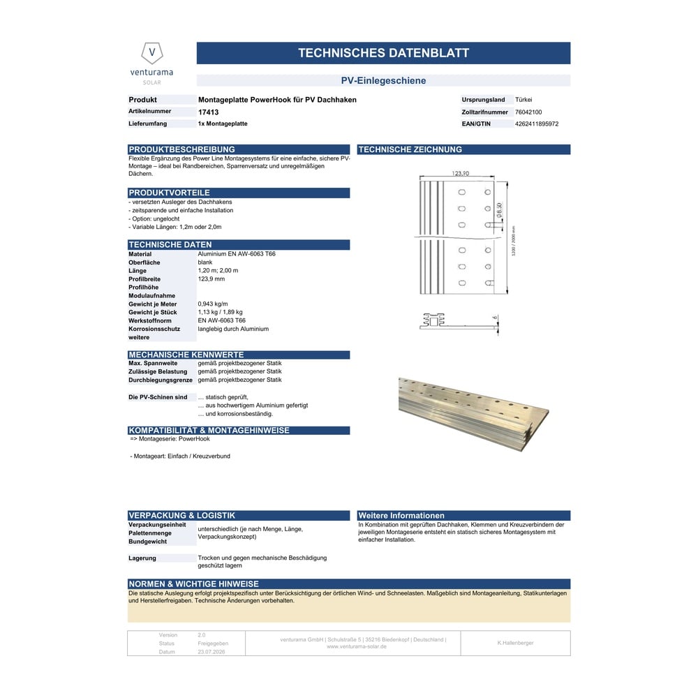 Produktbild Montageplatte PowerHook für PV Dachhaken Datenblatt