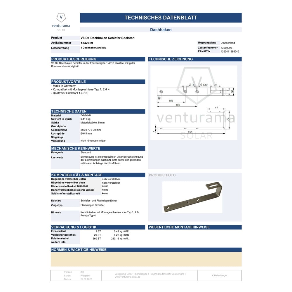 Datenblatt V8 D+ Dachhaken Schiefer (1.4016)