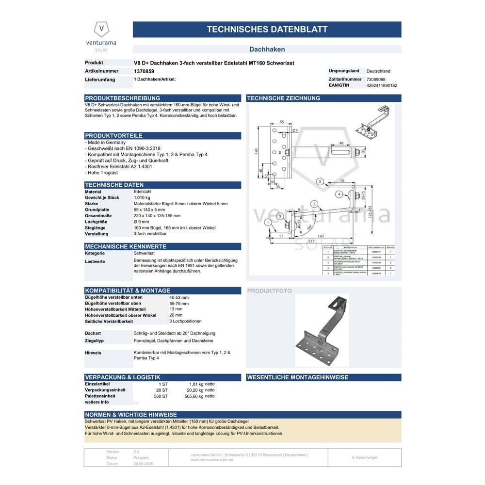 Datenblatt Sonder-V8 D+ Dachhaken 3-fach-verstellbar (1.4016- MT8x30x160mm in A2 1.4301)