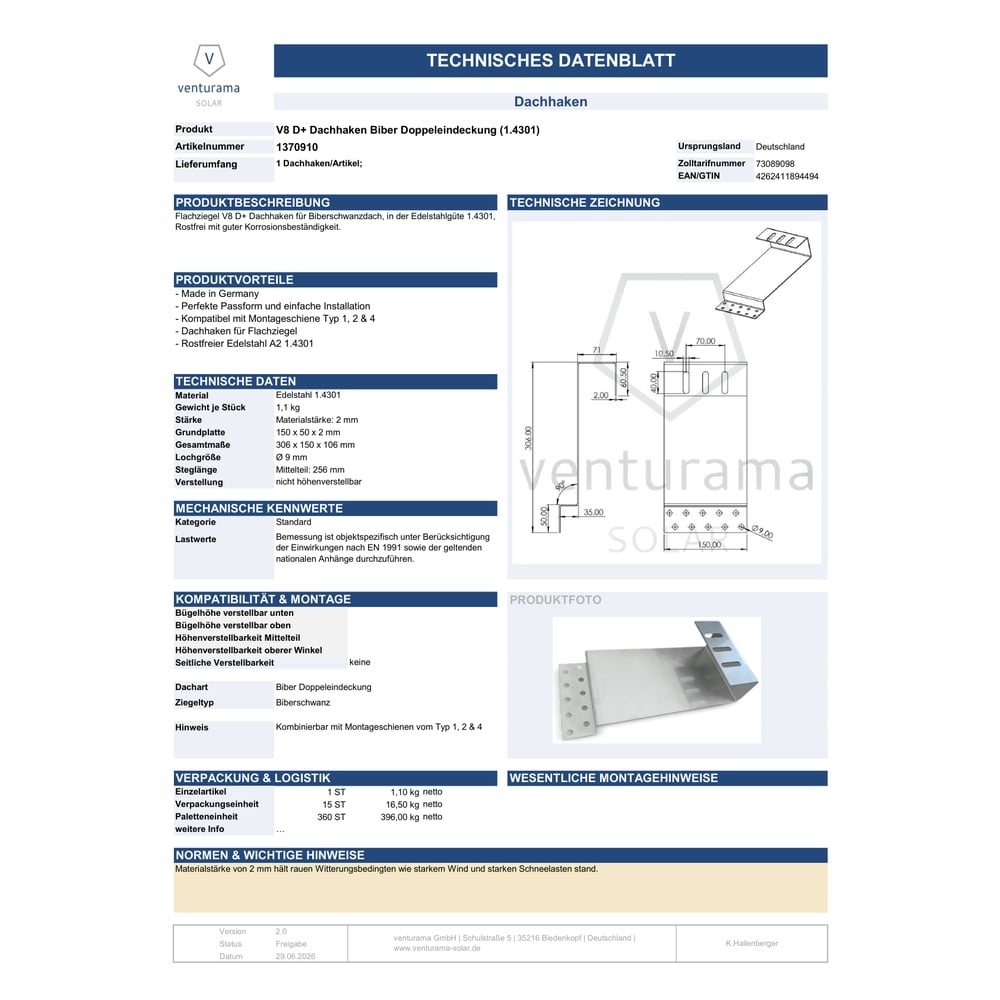 Datenblatt V8 D+ Dachhaken Biber Doppeleindeckung (1.4301) Features