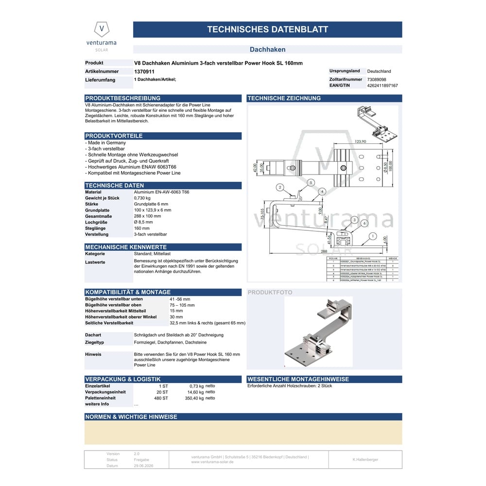 Datenblatt PV Dachhaken Aluminium 3-fach verstellbar Power Hook SL 160mm