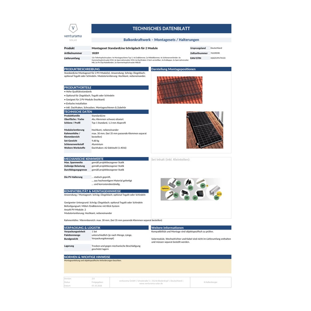 Bild Montageset StandardLine Schrägdach für 2 Module Datenblatt