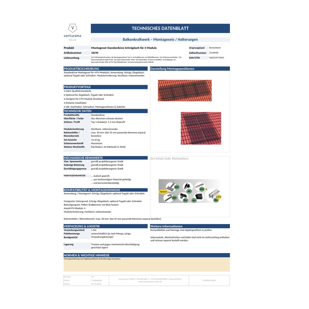 Bild Montageset StandardLine Schrägdach für 4 Module Datenblatt