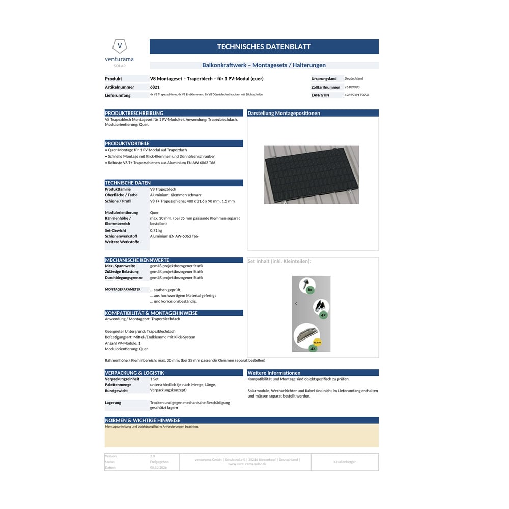 Bild V8 Montageset – Trapezblech – für 1 PV-Modul Datenblatt