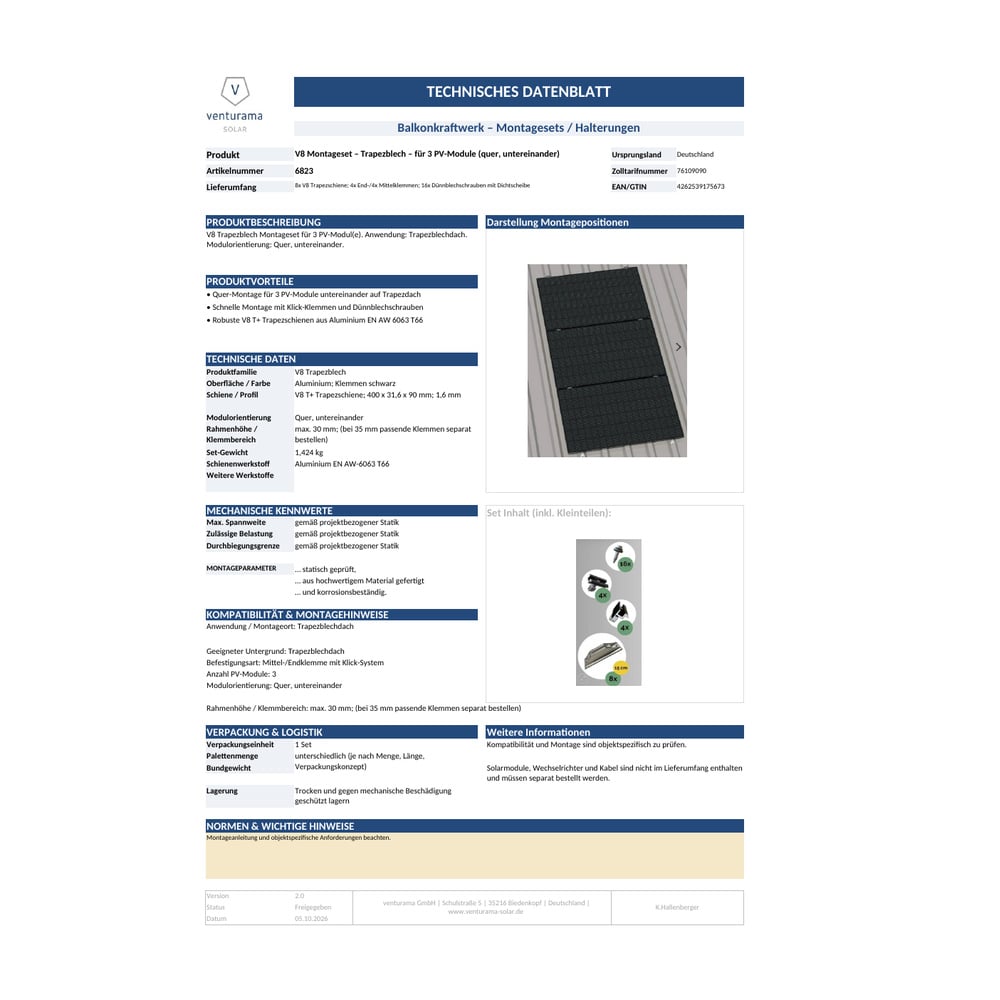 Bild V8 Montageset – Trapezblech – für 3 PV-Module Datenblatt