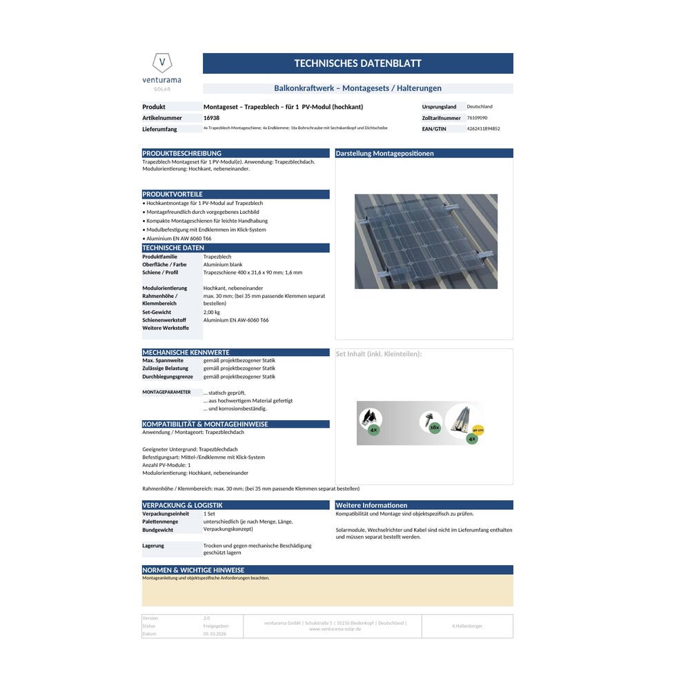 Bild Montageset - Trapezblech - für ein PV-Module Datenblatt