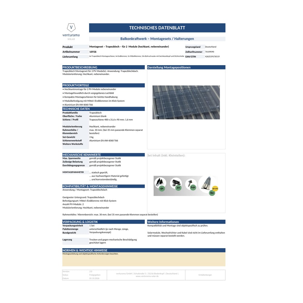 Alternative view of Montageset - Trapezblech - für 2 x PV-Module (hochkant, nebeneinander)