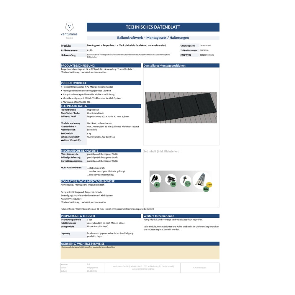 Biuld Montageset – Trapezblech – für 4 x PV-Module Datenblatt