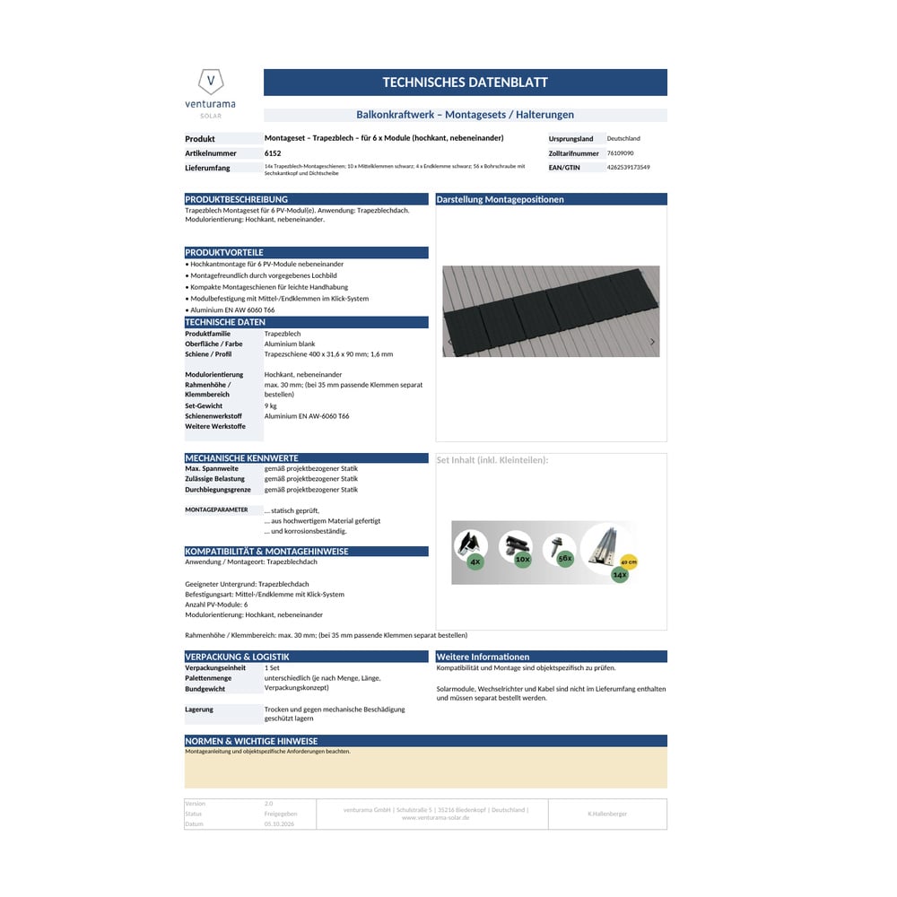 Bild Montageset – Trapezblech – für 6 x PV-Module Datenblatt