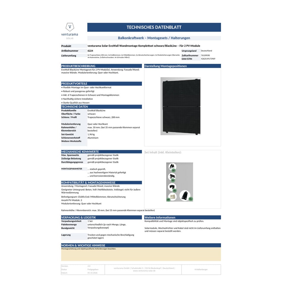 Bild venturama Solar EvoWall Wandmontage Komplettset BlackLine - Für 2 PV-Module Datenblatt