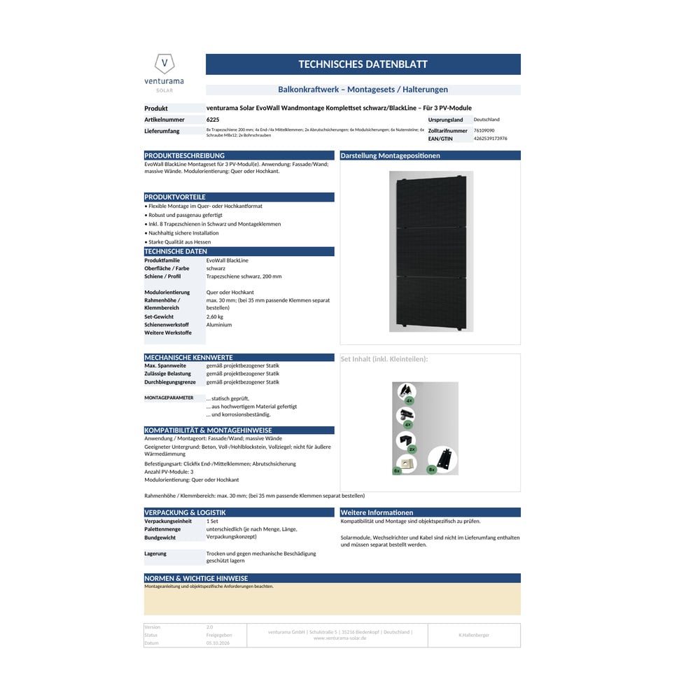 Bild venturama Solar EvoWall Wandmontage Komplettset BlackLine - Für 3 PV-Module Datenblatt