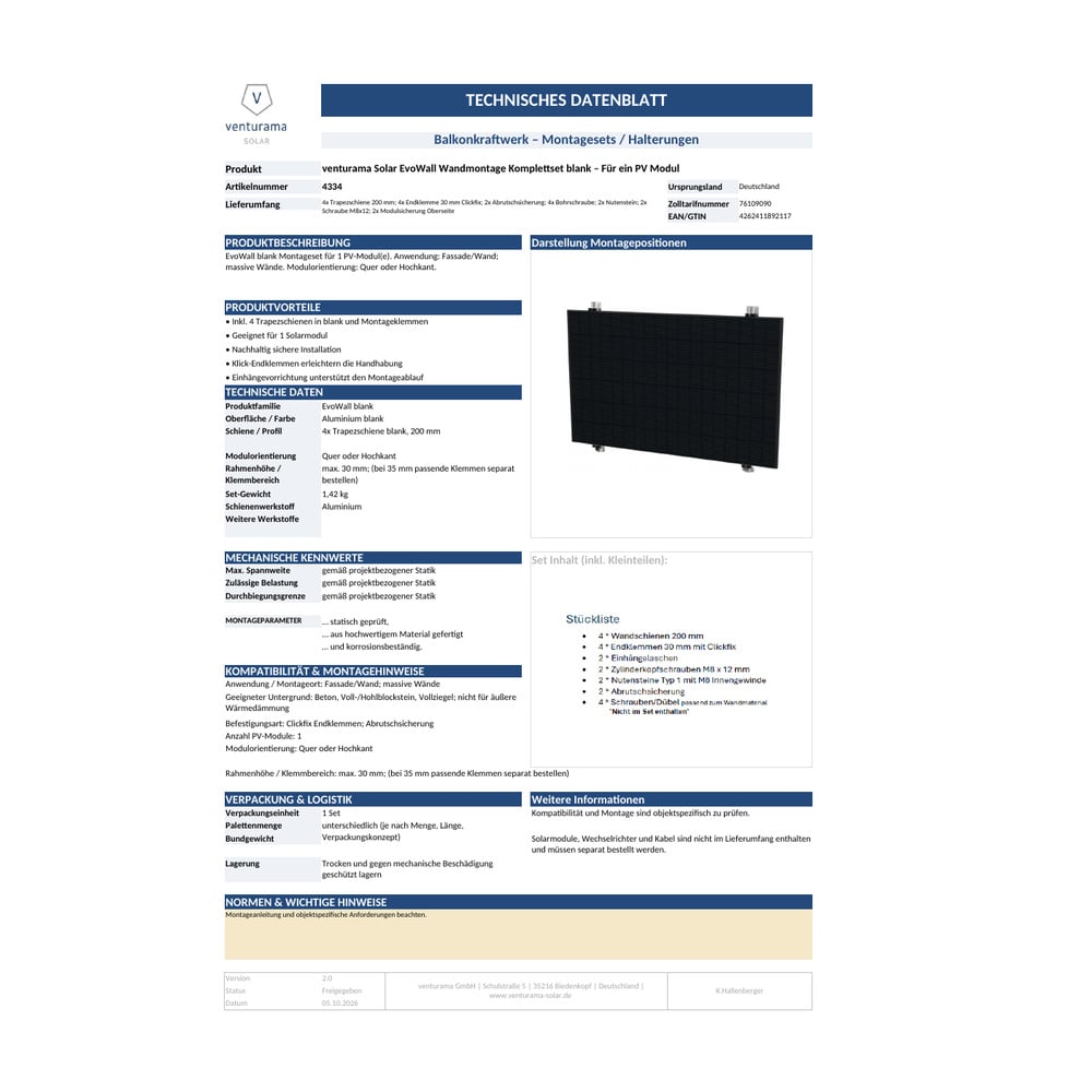 Bild venturama Solar EvoWall Wandmontage Komplettset blank- Für ein PV Modul Datenblatt