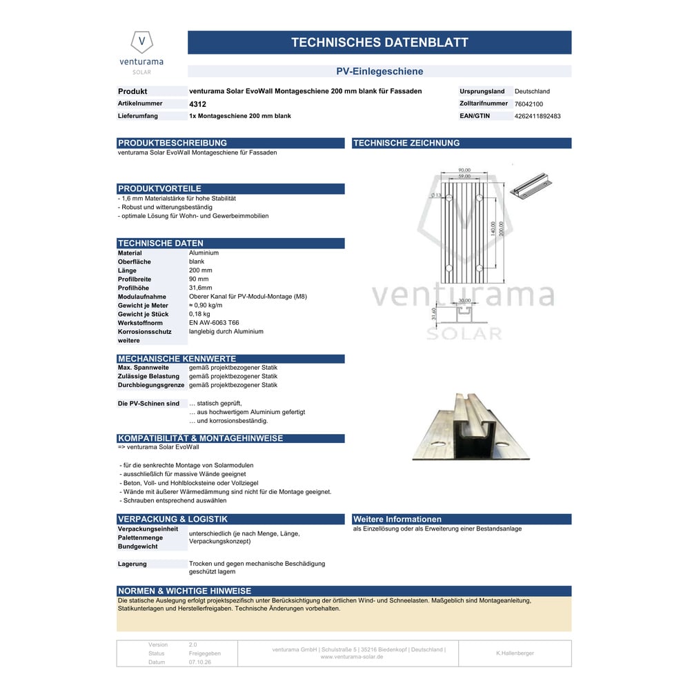 Bild venturama Solar EvoWall Montageschiene 200 mm blank für Fassaden Datenblatt