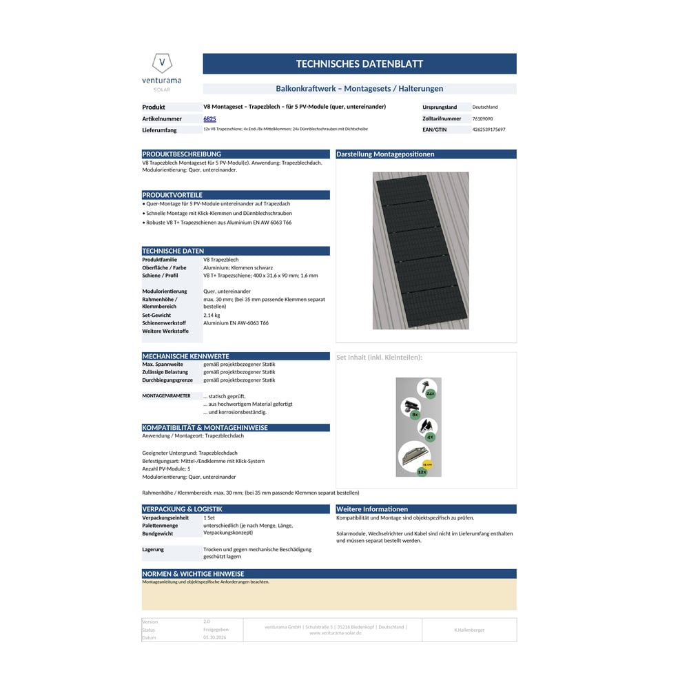 Alternative view of V8 Montageset – Trapezblech – für 5 PV-Module (quer, untereinander)